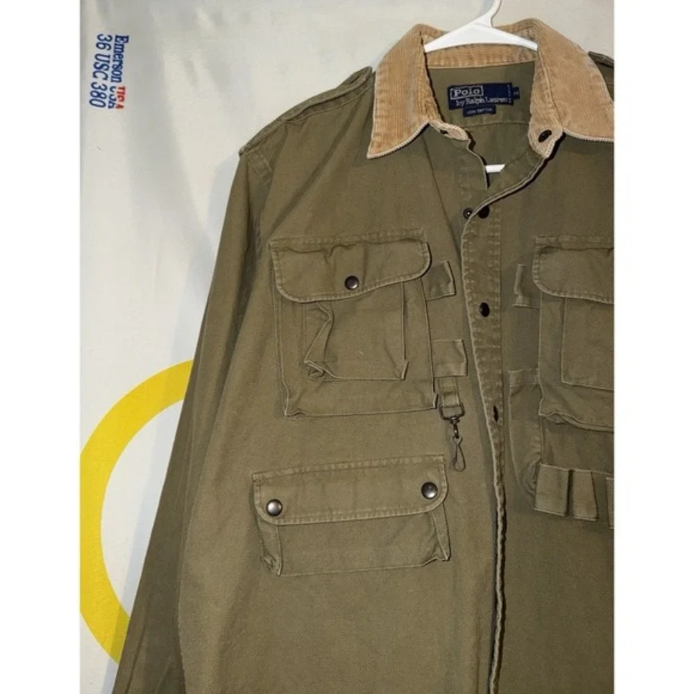 Vintage Polo Ralph Lauren‎ Snap Shirt Medium Military Green Hunting Safari Shoot